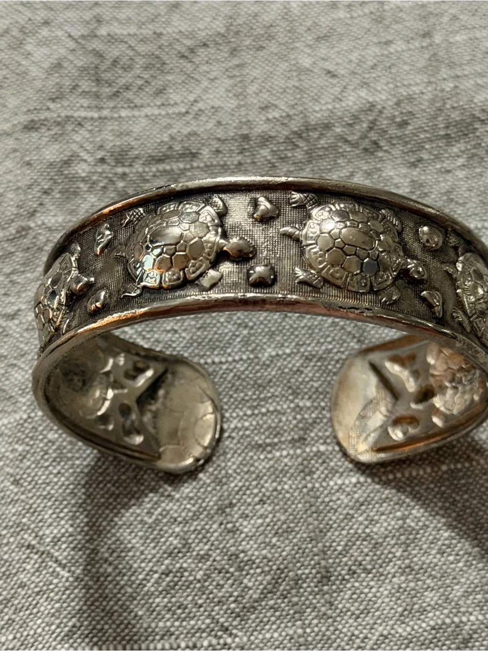 Vintage Sterling Silver Sea Turtles Engraved Cuff Bracelet